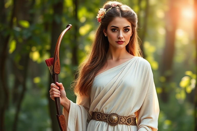 Create a portrait of a goddess-like Afghan girl figure in a tranquil, forested environment. She has an elegant appearance with long, wavy hair styled in an updo and adorned with a delicate, floral headband. She wears a flowing, ancient Greek-inspired gown in a soft, pale color, featuring a one-shoulder design and draped fabric that accentuates her graceful form. The outfit includes a decorative belt with ornate gold detailing, and she holds a bow in her hand, with a quiver of arrows slung over her shoulder. The background depicts lush greenery, with sunlight filtering through the trees, casting a gentle, ethereal light on the scene. Her expression is calm and contemplative, embodying a sense of wisdom and serenity.