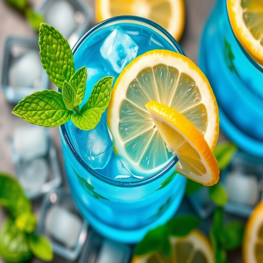 Create a vibrant illustration of a Blue Tahoe cocktail with mint leaves, lemon segment, blue curacao, El Tesoro platinum tequila, lemon juice, champagne, and ice cubes, using a DSLR camera set to f/4 aperture at 1/125 sec shutter speed, ISO 200, with a macro lens and top-down view for enhanced detail and color saturation.