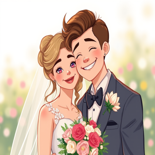 Create a high-resolution illustration of a bride and groom in a whimsical style, using a Canon EOS R5 with a 50mm f/1.2 lens, aperture set to f/2.8, shot in portrait orientation, with soft natural lighting to enhance colors and details.