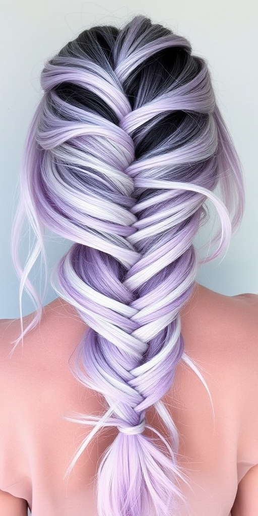 Striking silver-lavender balayage melts seamlessly from dark roots to pastel ends, styled in a messy fishtail braid with wispy tendrils framing the face