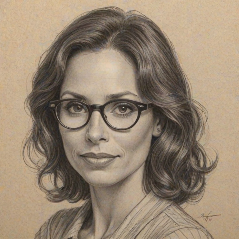 Ravishing Minnie Driver, pencil sketch, portrait of Splendid woman 1931s in glasses, hair style beatnik, outline, clear lines, fine lines, 8k