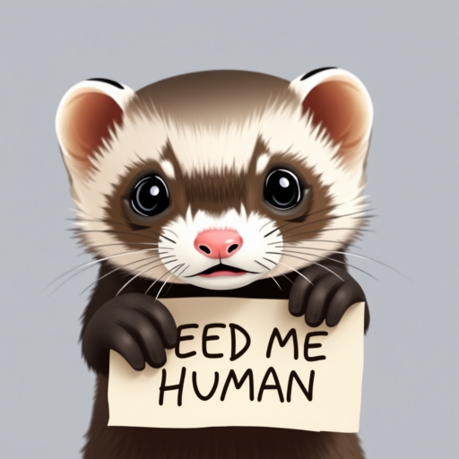 Ferret holding a note which says "FEED ME HUMAN"