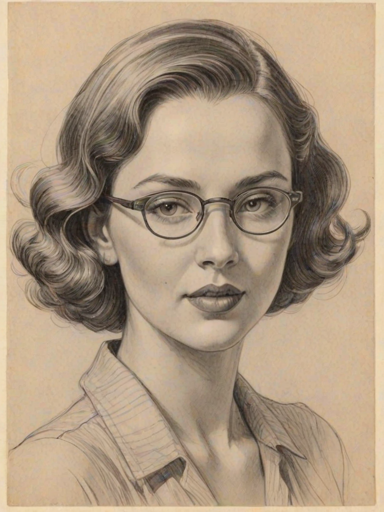 Pleasing Jade Tailor, pencil sketch, portrait of Resplendent woman 1933s in glasses, hair style beatnik, outline, clear lines, fine lines, 8k