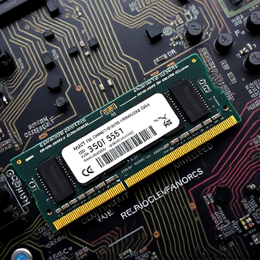 Create a high-resolution illustration of a computer RAM module, with a top-down view, using a DSLR camera at f/2.8 aperture, 50mm lens, and ISO 100 for optimal clarity and detail.