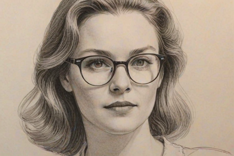 Enchanting Jessica Hynes, pencil sketch, portrait of Lovely woman 1980s in glasses, hair style beatnik, outline, clear lines, fine lines, 8k
