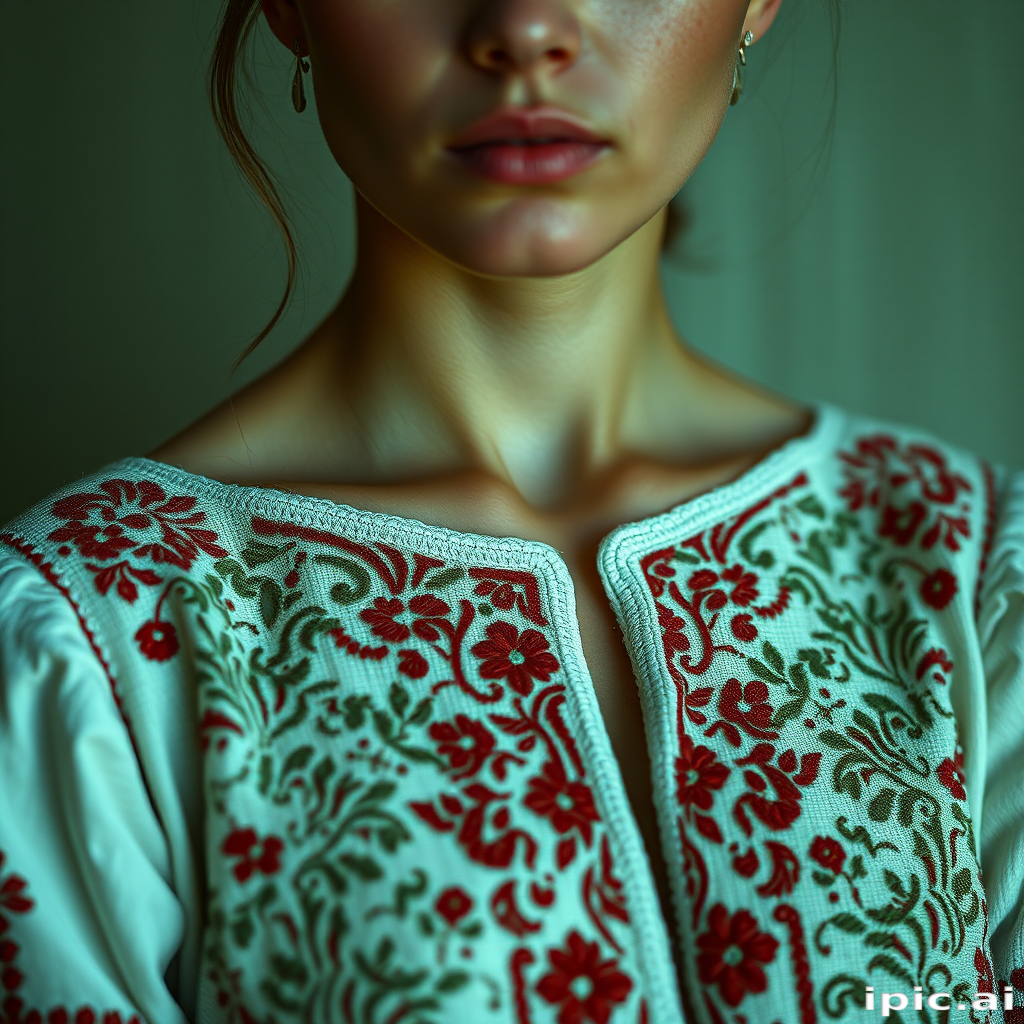 Face, shoulders, chest covered in openwork Ukrainian embroidery. Raw, unedited image.
