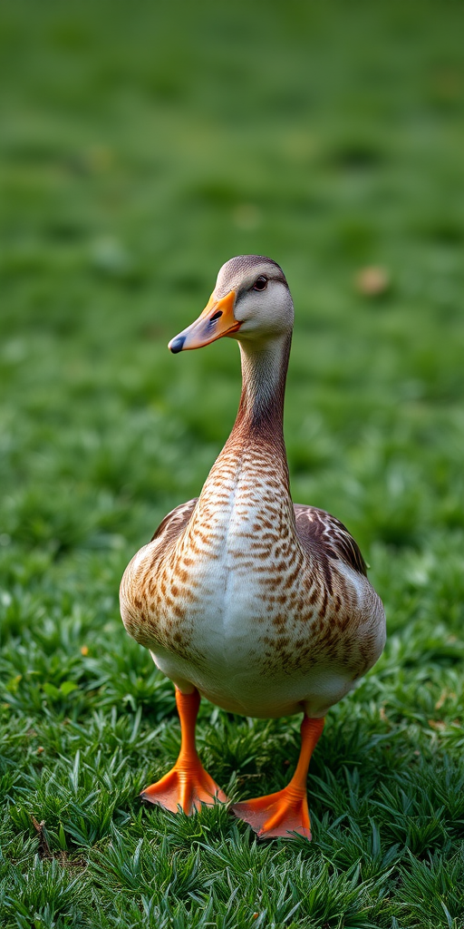 Capture a close-up shot of a female duck standing on a lush green lawn, using a DSLR camera with a 50mm lens, aperture set to f/2.8, shutter speed at 1/250s, ISO 400, and natural lighting for enhanced detail and clarity.