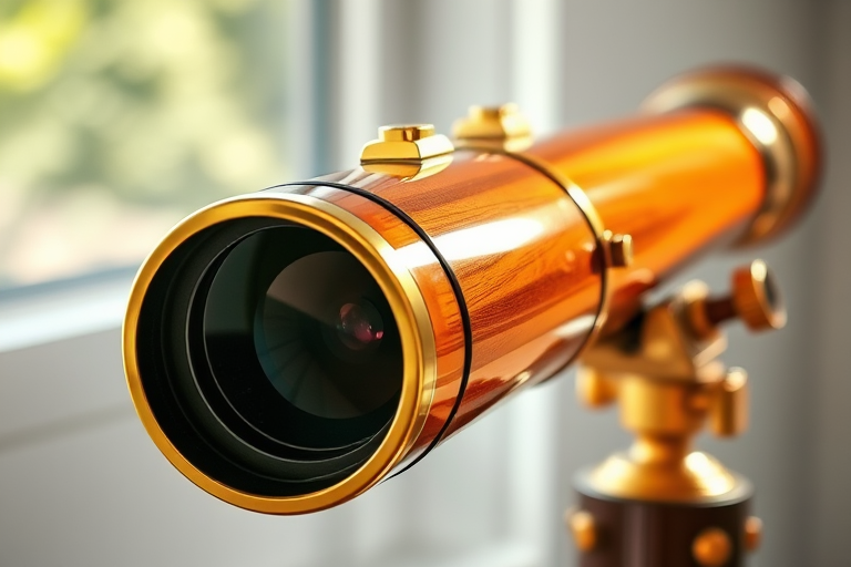 Create a highly detailed illustration of a vintage telescope with a polished wooden finish and golden accents, captured in natural light using a DSLR camera with a 50mm lens, f/2.8 aperture, ISO 100, shot from a slight angle to showcase the lens and body, emphasizing reflections and textures for enhanced quality.