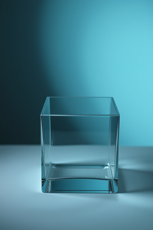 Create a high-resolution image of an empty glass cube with a transparent design, shot with a 50mm lens, aperture f/2.8, ISO 100, in a softbox lighting setup, using a DSLR camera from a top-down view to enhance clarity and detail.