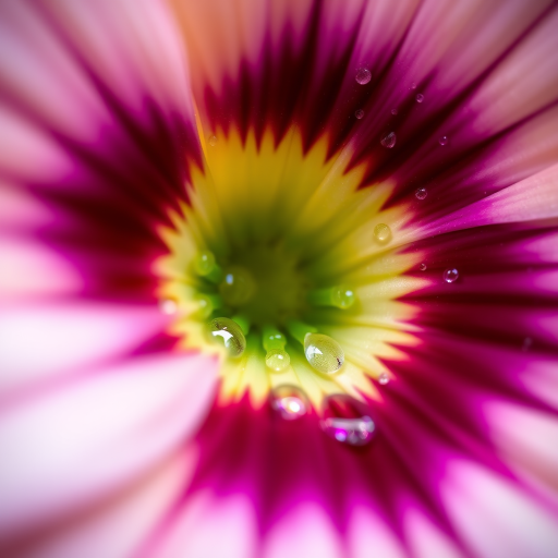 macro shot of a vibrant flower center with dewdrops, using a Canon EOS 5D Mark IV, 100mm f/2.8L macro lens, f/8 aperture, 1/125 sec shutter speed, ISO 200, natural lighting, shallow depth of field