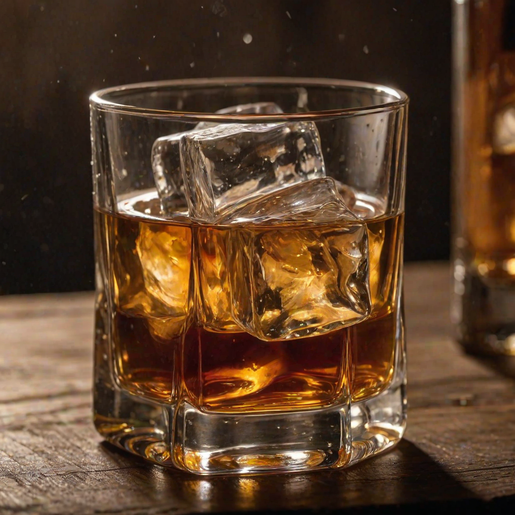 High-resolution close-up of a glass of whiskey with a large ice cube, condensation forming on the glass, soft warm light reflecting off the amber liquid with a rustic wooden bar in the background.