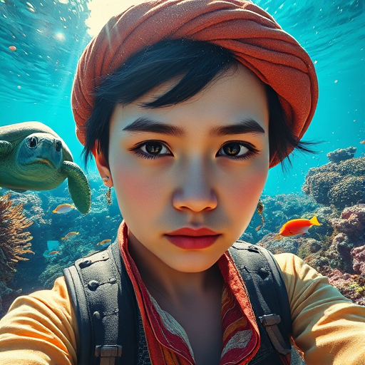 Realistic selfie image of a Kyrgyz, wearing a vintage outfit, detailed dreamy eyes, droopy hooded eyes, staring at the camera, taken underwater at coral reef with a sunbeam filtering through the water, vibrant, summer vacation, natural lighting, turtle and school of tropical fish with vibrant colors, rendered in the style of CryEngine, Pegi Nicol MacLeod, with realistic genre scenes, hauntingly beautiful narratives, ultra-realism, and Thomas Saliot's close-up technique, 8K resolution, crystal clear and sparkling water.