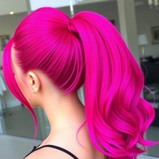 Vibrant magenta hair styled in a sleek, high ponytail with ultra-long extensions showcases the bold "Fuchsia Fantasia" look, featuring a gradual ombre effect that transitions to electric purple at the ends, creating a striking and eye-catching style that exudes confidence and creativity