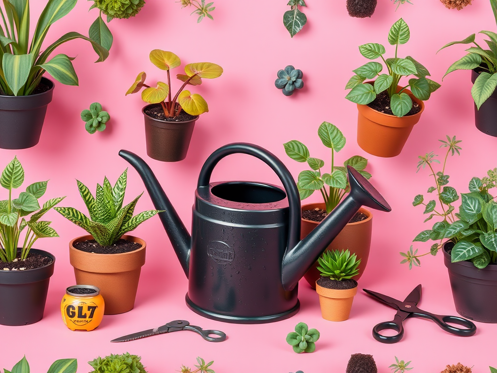 Create a seamless pattern design featuring a variety of potted plants, a black watering can with raindrops, garden scissors, and a soft pink background, using a Canon EOS R camera with a 50mm lens at f/2.8, ISO 100, and a shallow depth of field for a vibrant and clear image quality.