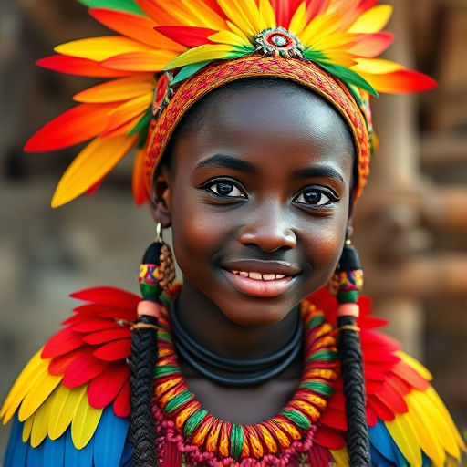 A beautiful Garifuna girl, wearing colorful bird clothing with vibrant colors