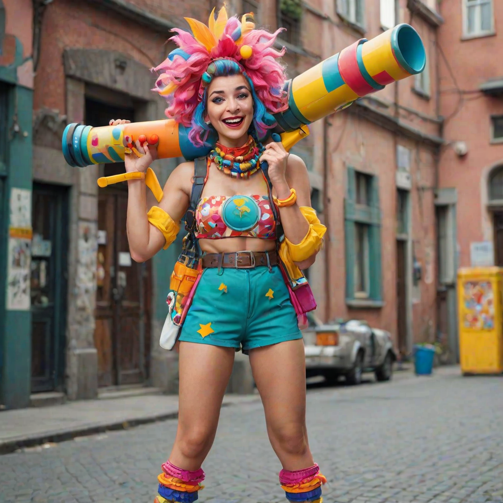A playful woman holds a bazooka with a mischievous grin, her pose exaggerated and cartoonish. She’s dressed in a colorful, quirky outfit with oversized accessories, giving her a whimsical and fun appearance. The bazooka, although large, is designed in a cute, almost toy-like style, adding to the humorous and lighthearted vibe of the scene. The background is bright and cheerful, enhancing the overall playful atmosphere.
We share ALL our prompts in the Bing Image Prompts group: