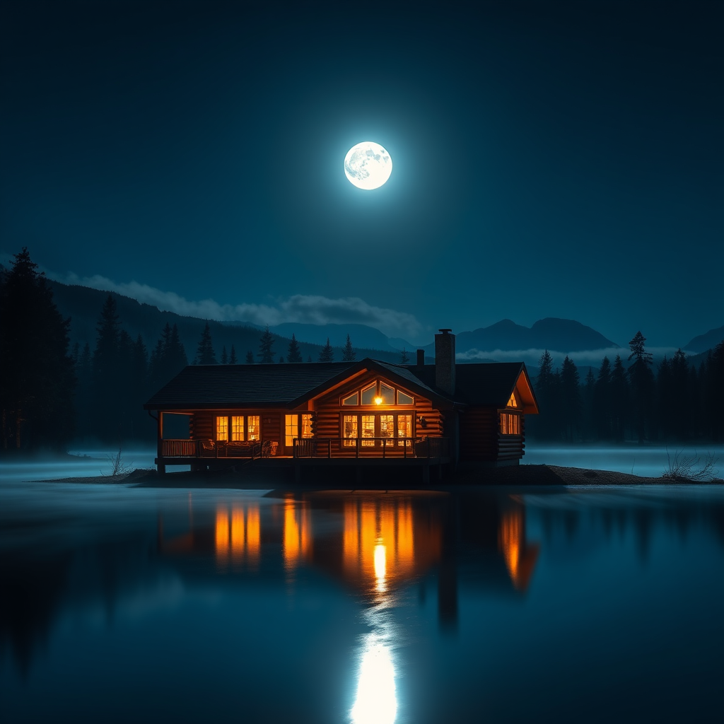 A cozy log cabin by a tranquil lake under a full moon, illuminated windows reflecting on the water, surrounded by misty trees and mountains in the background, captured with a DSLR camera at f/1.8, ISO 100, 1/60s, 24mm wide-angle lens, night mode for enhanced clarity and depth.