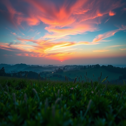 Create a high-resolution image of a serene landscape at sunset with vibrant colors, using a Canon EOS R5 camera, 24-70mm lens at f/8, ISO 100, 1/125s, shot from a low angle to capture the foreground details and a wide view of the sky.