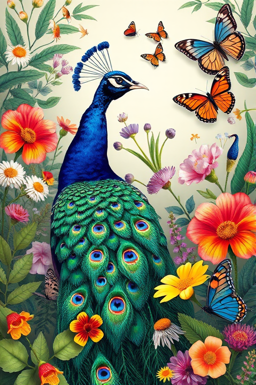 Create a vibrant botanical illustration featuring a peacock surrounded by various flowers and butterflies, using a DSLR camera with a 50mm lens at f/2.8, ISO 100, natural soft lighting, shot from an eye-level perspective to enhance the colors and details.