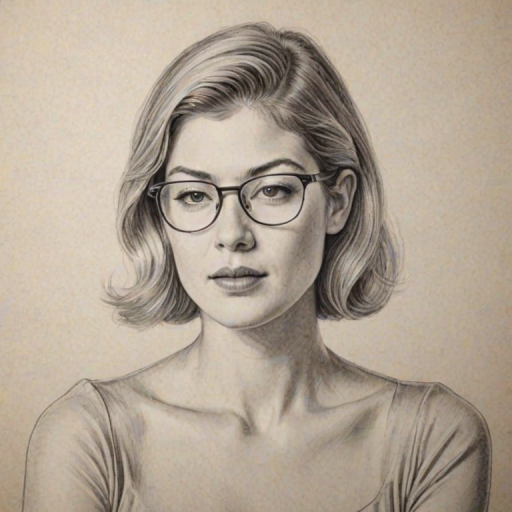 Beauteous Rosamund Pike, pencil sketch, portrait of Charming woman 1944s in glasses, hair style beatnik, outline, clear lines, fine lines, 8k