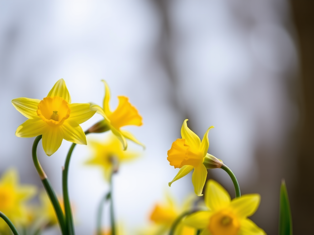 Capture a close-up of vibrant yellow daffodils against a soft-focus background using a DSLR camera with a 50mm lens, aperture set to f/2.8 for shallow depth of field, ISO 200, and a shutter speed of 1/400 sec to enhance detail and color vibrancy.
