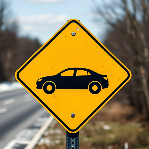 Create an enhanced version of a slippery road caution sign featuring a black silhouette of a car on a bright yellow diamond background, using a DSLR camera with a 50mm lens, aperture set to f/8, ISO 100, 1/250s shutter speed, in a high-resolution image style.