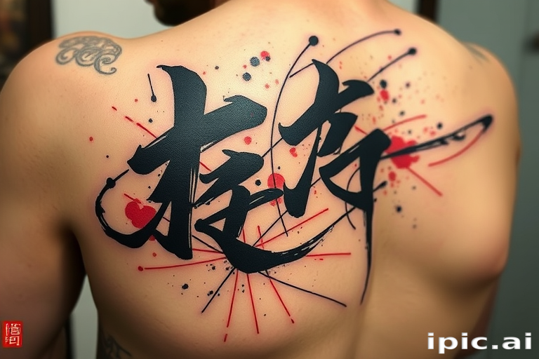 Brush stroke tattoo dubbed "Calligraphy in Motion" utilizing dynamic ink-like lines and splatters to mimic the fluid movements of traditional East Asian calligraphy