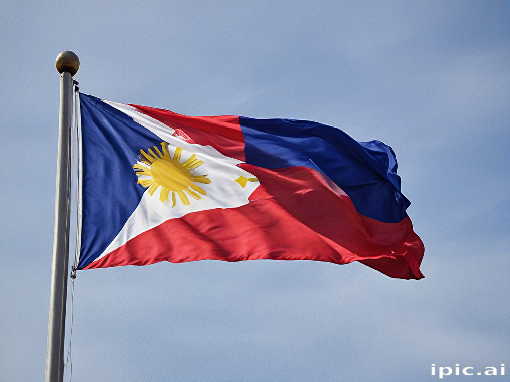 Waving Flag of the Philippines Against a Clear Blue Sky Background.