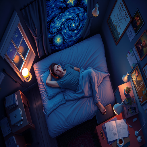 A top-down Van Gogh-style painting of a young man lying on his bed, listening to music with headphones. The room is softly lit with deep blues and purples, creating a peaceful nighttime atmosphere. The bed has a soft pillow, and the man's arms are resting behind his head. Around the bed, various glowing gadgets such as a smartphone, a laptop, and a small lamp are visible, casting a gentle light. The rest of the bedroom includes a desk with books, a chair, and a small rug on the floor. A window near the bed reveals a starry night sky with swirling stars, reminiscent of Van Gogh's 'Starry Night.' On the desk, there is a sketchbook with colorful drawings, a cup of coffee steaming gently, and a small potted plant. The walls have posters of famous paintings and a corkboard with pinned notes and photos. The scene is full of dynamic, swirling brushstrokes, capturing the essence of Van Gogh's unique style. The overall mood is serene and contemplative, with a touch of artistic inspiration.