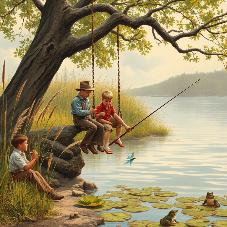 Imagine a small group of old fashioned young boys out fishing by the creek, a swing hanging from a tree branch, reeds and grasses by the water's edge, a frog sitting on a lily pad, dragonflies hovering over som water plans, a very iconic old fashioned scene reminiscent of a Norman Rockwell painting style