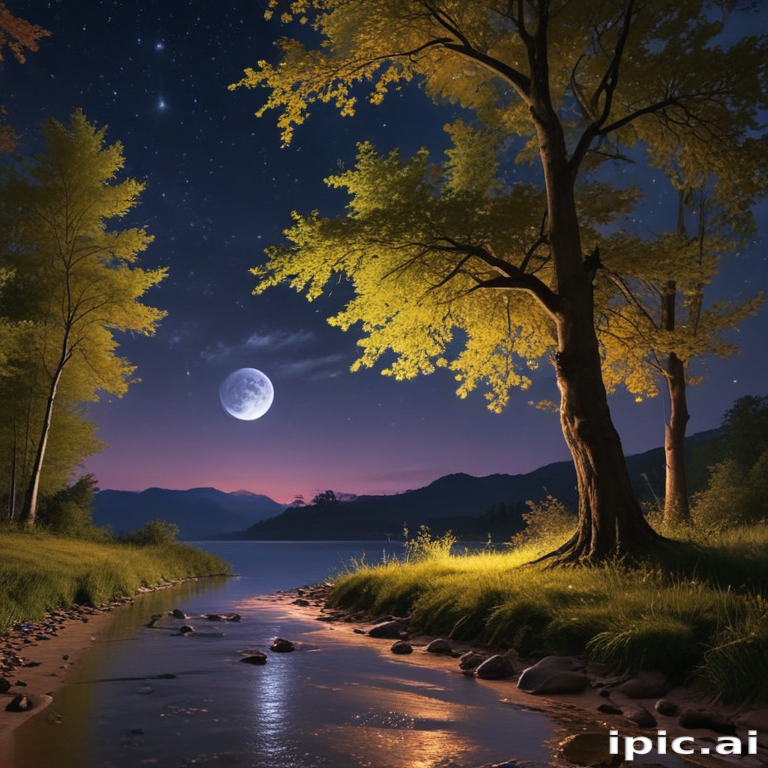 Tranquil Night Landscape with Moonlit River and Autumn-Foliaged Trees