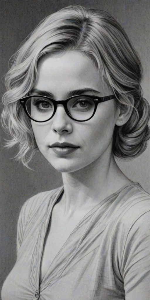 Enchanting Alison Lohman, pencil sketch, portrait of Delightful woman 1926s in glasses, hair style beatnik, outline, clear lines, fine lines, 8k