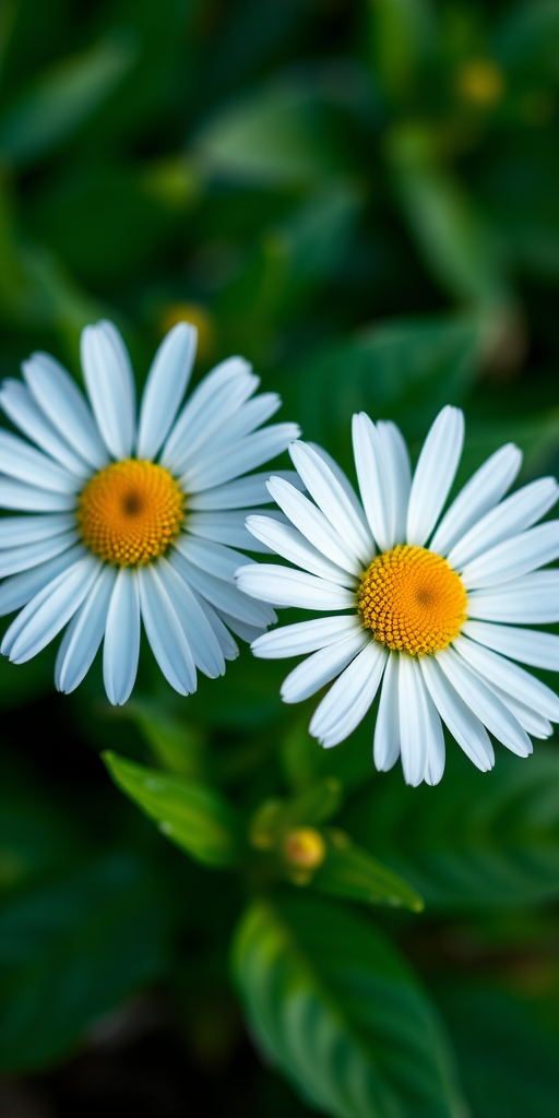 Create a high-resolution image of two daisies with white petals and yellow centers on green leaves, using a DSLR camera with a 50mm lens, aperture set to f/2.8 for shallow depth of field, and soft natural lighting for enhanced clarity.