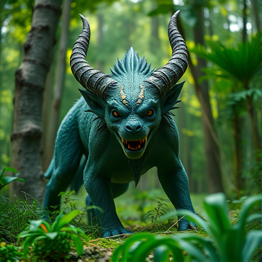 Create a high-resolution digital illustration of a mythical creature in a lush forest, using a Canon EOS R5 with a 50mm lens at f/1.8, ISO 100, 1/200 sec, soft natural lighting, ultra-detailed texture, and vibrant colors.