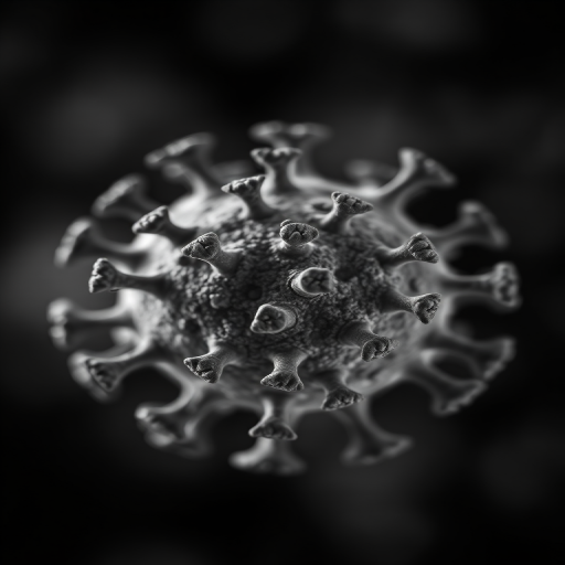 close-up macro shot of a virus cell, high contrast, shallow depth of field, aperture f/2.8, ISO 100, 50mm lens, natural lighting, DSLR camera, monochrome background with bokeh effects