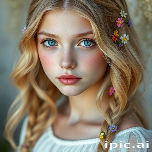 Create an image of a young woman with long, wavy blonde hair, adorned with small, colorful flowers woven into her braids and loose strands. Her complexion is fair, with soft, glowing skin, and she has light blue eyes that gaze softly at the viewer. She wears a light, flowing dress with a gentle, ethereal quality, complementing her delicate and serene appearance. The background is slightly blurred, drawing focus to her tranquil expression and the intricate details of the flowers in her hair. The overall mood of the image is one of natural beauty and grace, evoking a sense of peacefulness and connection with nature.