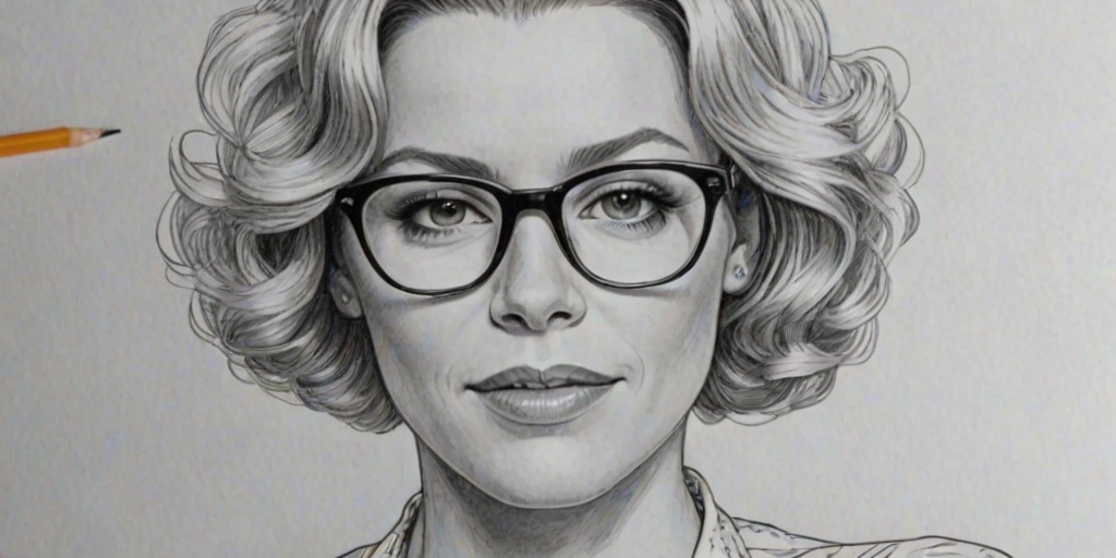 Pleasing Elizabeth Banks, pencil sketch, portrait of Pleasing woman 1932s in glasses, hair style beatnik, outline, clear lines, fine lines, 8k