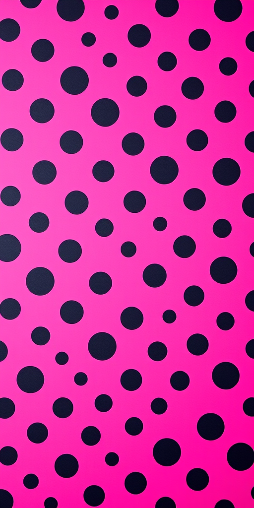 Create a vibrant pattern of large black dots evenly spaced on a bright pink background, captured with a DSLR camera using a 50mm lens at f/2.8, ISO 100, and a shutter speed of 1/200s, top-down view to enhance depth and texture.