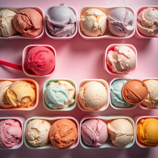 Regenerate a colorful flat lay image of twelve scoops of ice cream in pastel-colored containers arranged in a grid pattern, with a focus on vibrant colors, soft lighting, ISO 200, aperture f/4, shutter speed 1/125s, using a Canon EOS R5 with a 50mm lens.