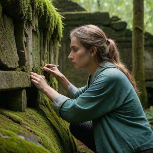 Ancient ruin overgrown with vines and moss, a woman exploring the site, her hand gently brushing the worn stone as she marvels at the history.