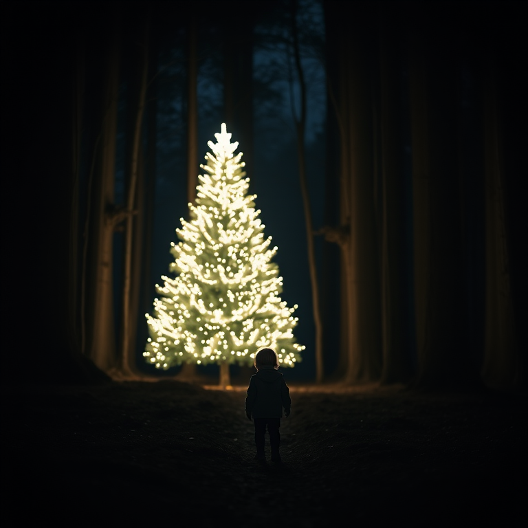 Generate an enchanting night scene of a child in a dark forest standing before a glowing white Christmas tree, captured with a Canon EOS R5, 50mm lens, f/1.8 aperture, ISO 200, at dusk, soft focus with a warm glow effect.