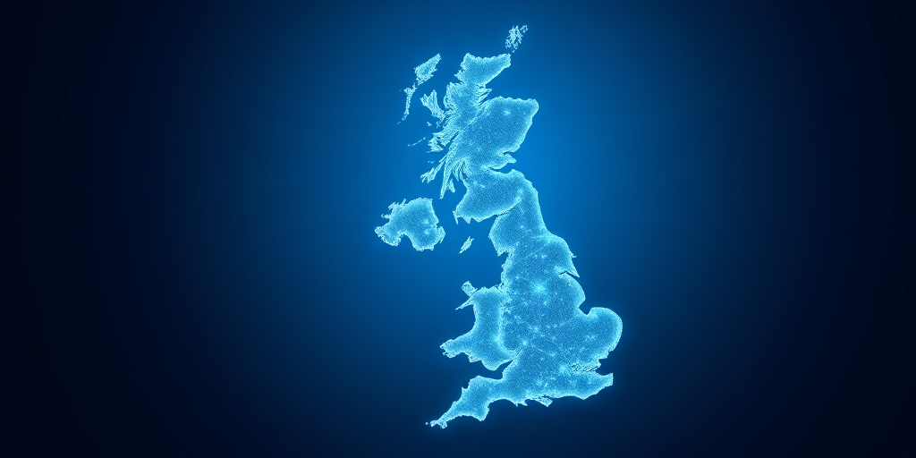 Create a high-resolution digital artwork of the United Kingdom map, using a blue gradient background, illuminated with a sparkling network of stars, captured with a DSLR camera set to f/8 aperture, ISO 100, 24mm lens, in landscape orientation for enhanced detail and clarity.