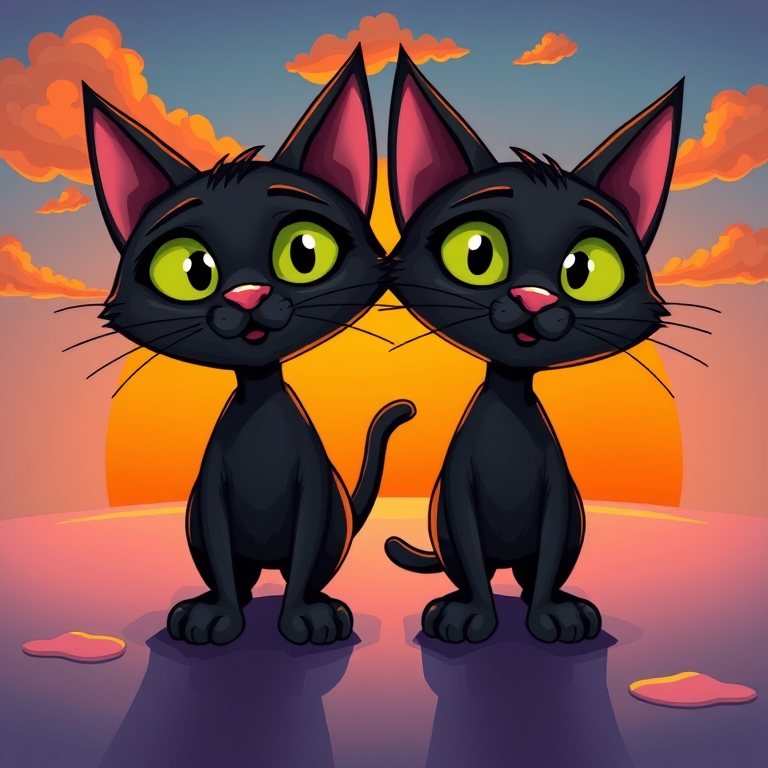 Create a whimsical and colorful illustration of two cartoonish black cats with exaggerated features standing on a shiny surface with an orange sun setting in the background, photographed with a DSLR camera at f/2.8 aperture, 50mm lens, 1/125 sec shutter speed, in vibrant colors and high contrast style.
