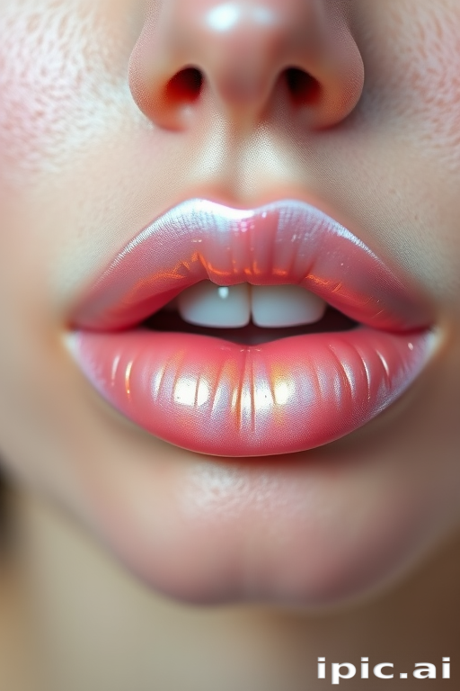 Iridescent pearl lips with a subtle pink undertone, delicate and ethereal, creating a luminous and angelic appearance