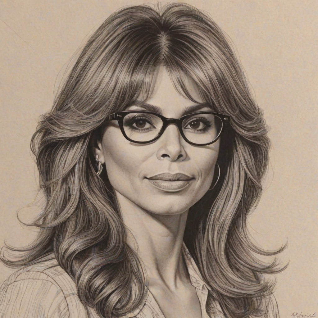 Superb Paula Abdul, pencil sketch, portrait of Stunning woman 1972s in glasses, hair style beatnik, outline, clear lines, fine lines, 8k