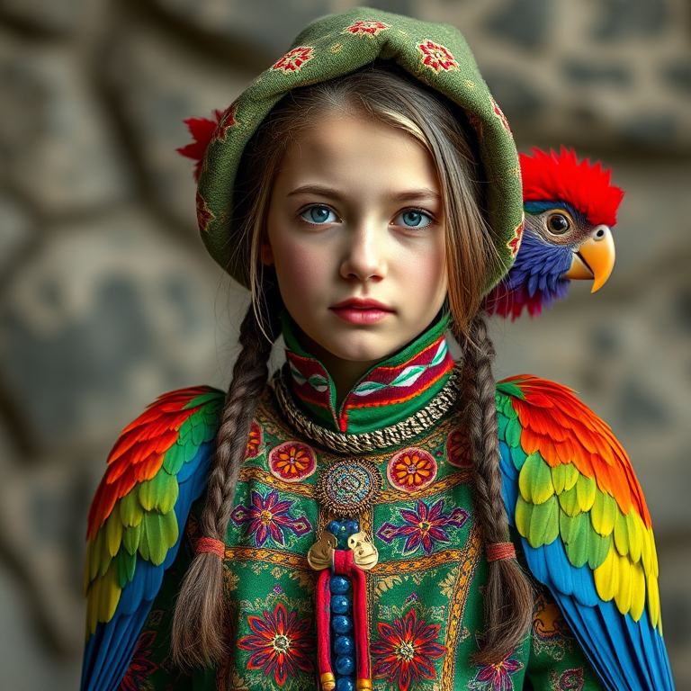 A beautiful Eurasian girl, wearing colorful bird clothing with vibrant colors
