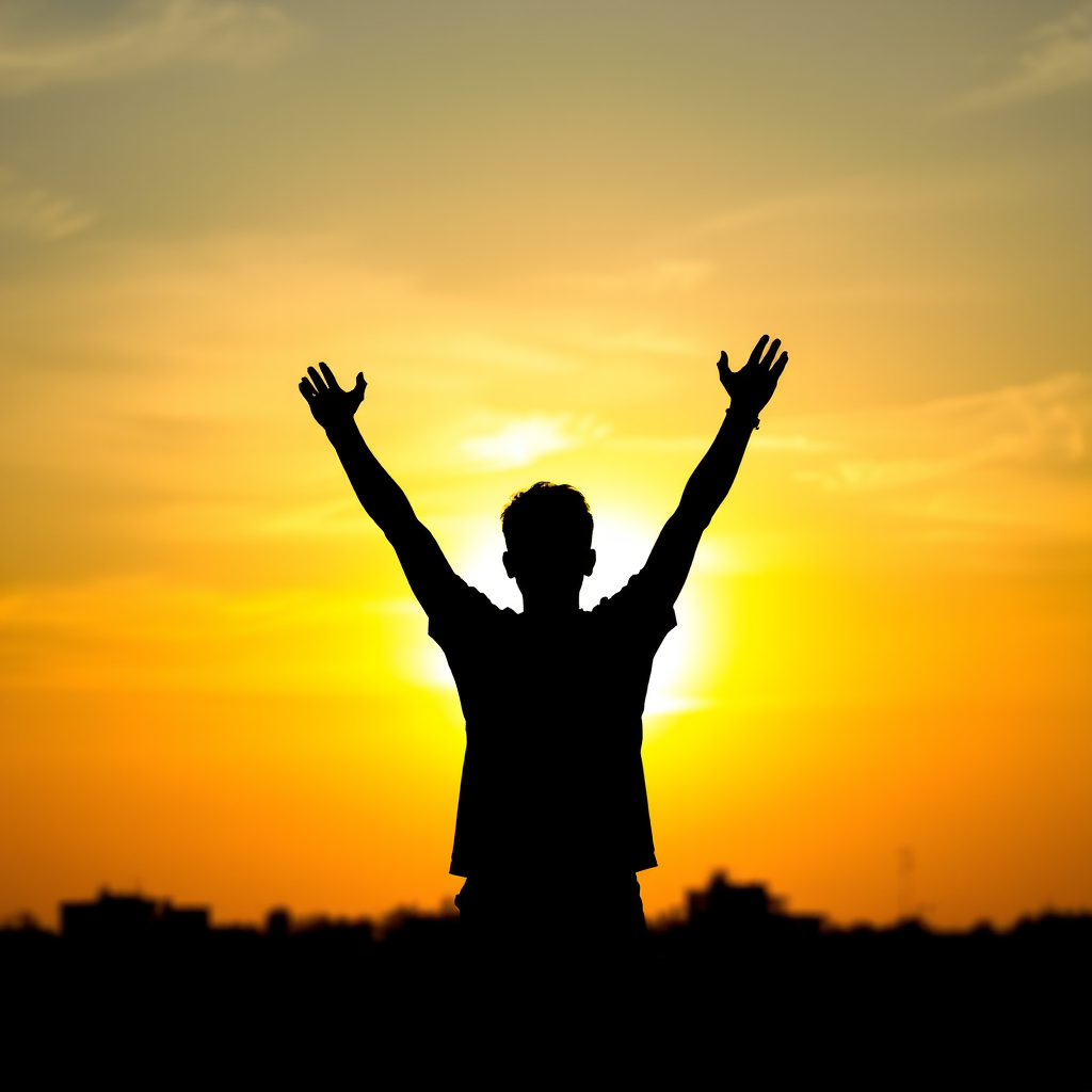 Generate a high-resolution image of a silhouette of a person standing with arms raised against a sunset, using a DSLR camera with a 50mm lens, aperture set to f/1.8, ISO 100, at a low angle view to capture the vibrant colors of the sky.