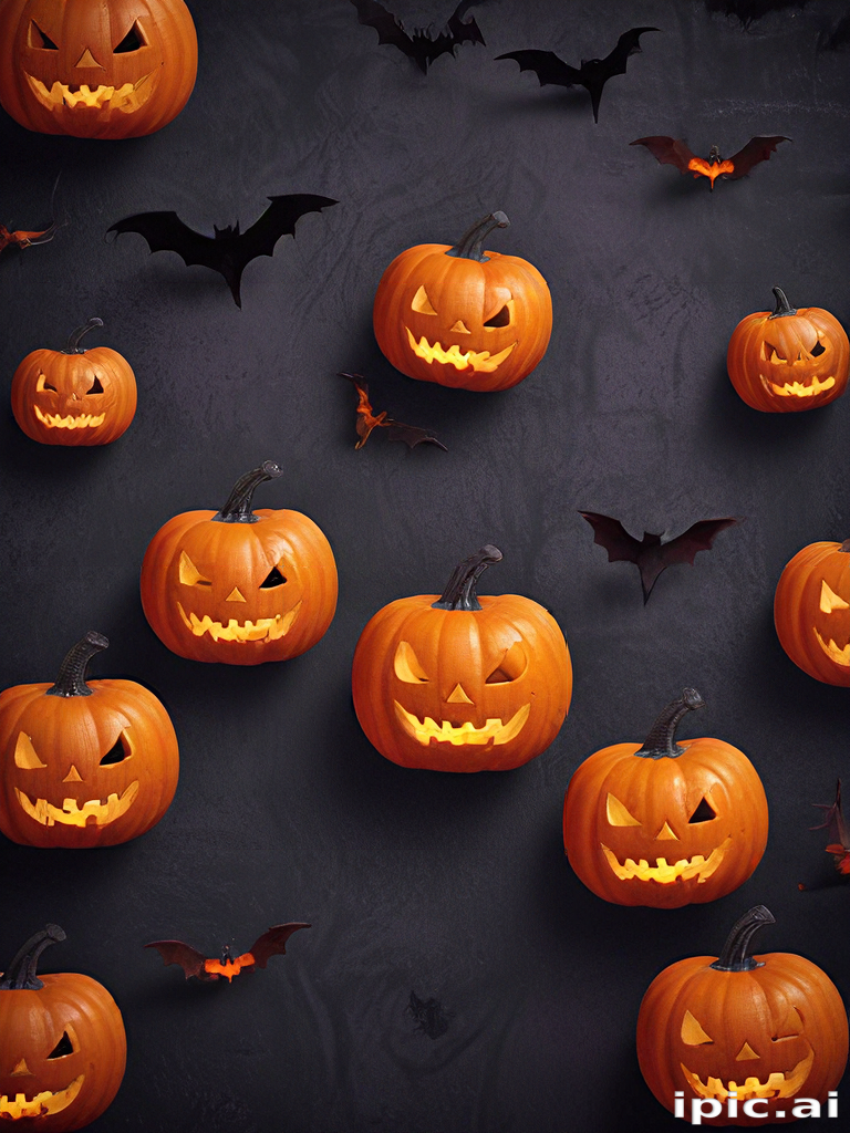 Spooky Halloween Scene Featuring Carved Pumpkins and Flying Bats Background