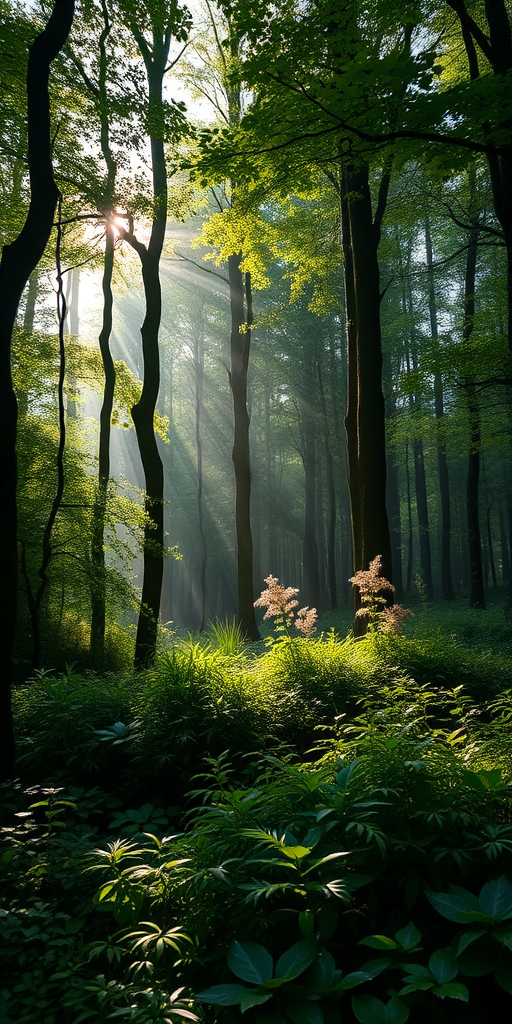 Generate an image of a mystical forest with lush green foliage and soft sunlight filtering through the trees, using a DSLR camera with a 50mm lens, aperture set at f/1.8 for a shallow depth of field, ISO 100 for high image quality, and a wide-angle view to capture the expansive scenery.