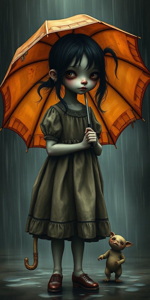 An eerie, weird little girl with dark hair in thin pigtails, wearing a smock dress, standing in the rain, holding a dirty orange umbrella, a small, odd creature beside her. In a surreal style inspired by Nicoletta Ceccoli and Brian Froud. Dark fantasy themes